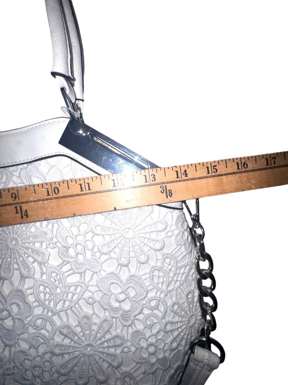 Black rivet Tote White Floral Embroidered Handbag With Adjustable Strap & Chain - Picture 9 of 10